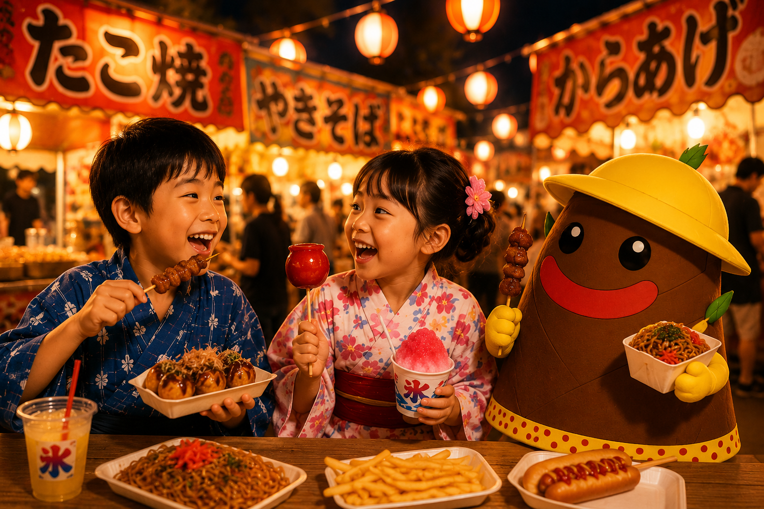 屋台グルメを楽しむこどもたちとたけのこタッキー